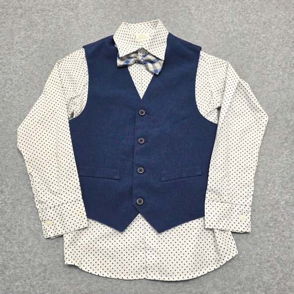 Van Heusen Other - Van Heusen Boy Size 8 3 Piece Dress Set Blue Plaid Bow Tie White Dot Shirt Vest